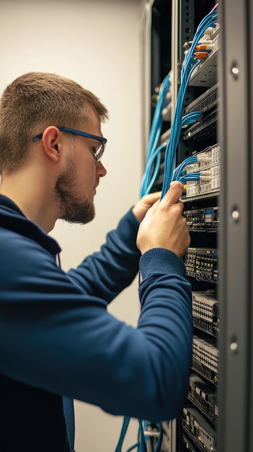 DB Data Comms engineer patching a structured cabling cabinet